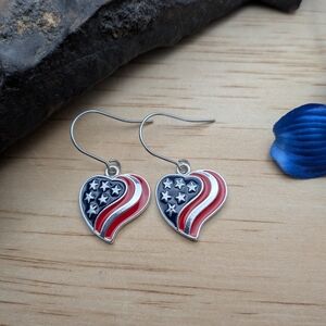 Patriotic Heart Dangle Earrings - Red, White & Blue